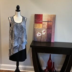 AB Studio Black and White Leaf-Print Midi Dress